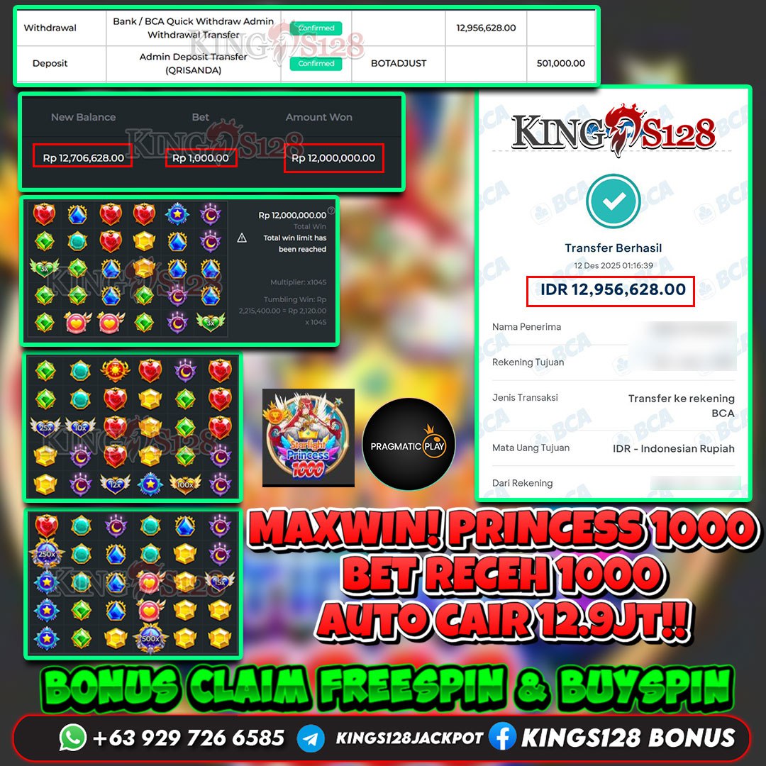 KINGS128 JACKPOT SLOT STARLIGHT PRINCESS 1000 RP 12.956.628 ID : DET***